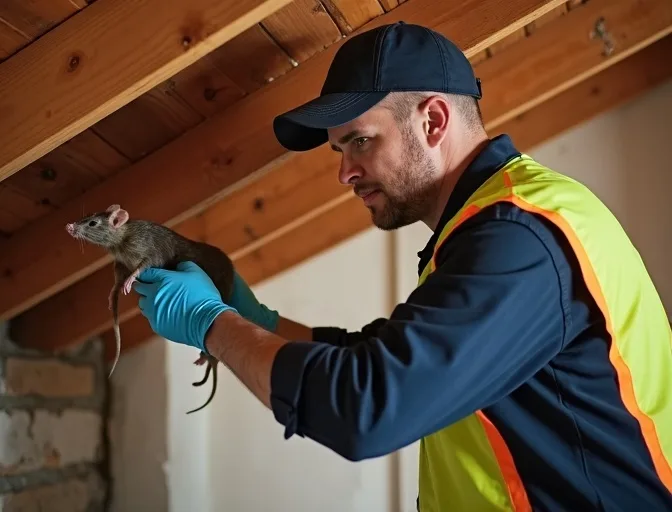 Technician inspecting a roof cavity for a dead rat in Chadstone